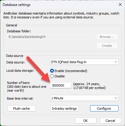 Amibroker number of bars value in Database Settings