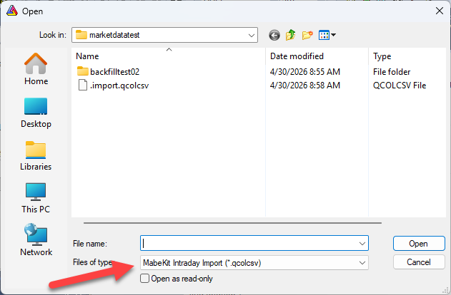MabeKit Intraday Import option on Files of type menu in Amibroker